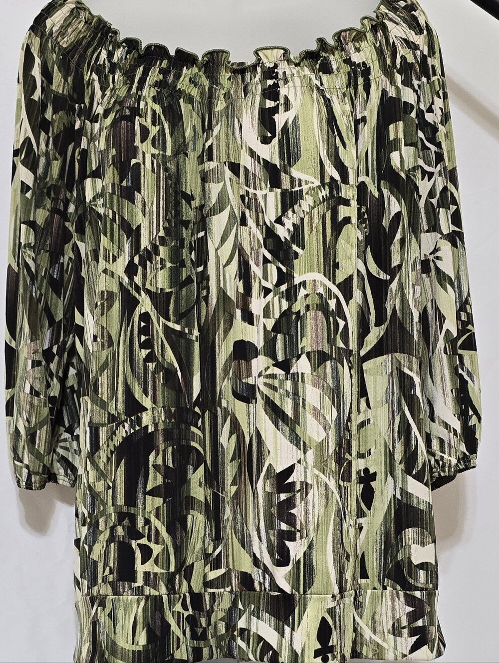 Claudia Richard Olive Green and Black Printed Off-Shoulder Tunic